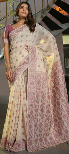 Beige and Brown, Purple and Violet color Saree in Cotton fabric with Weaving work