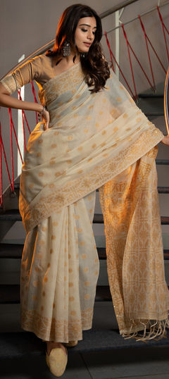 Beige and Brown, Yellow color Saree in Cotton fabric with Weaving work