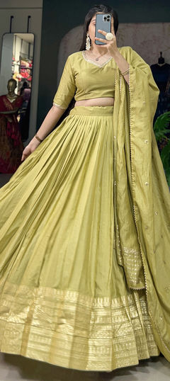 Green color Lehenga in Chanderi Silk fabric with Weaving, Zari work