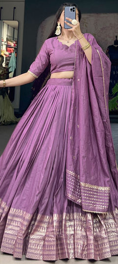 Purple and Violet color Lehenga in Chanderi Silk fabric with Weaving, Zari work