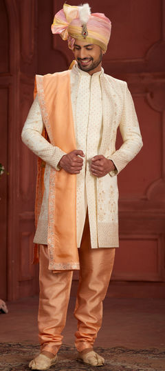 Pink and Majenta, White and Off White color Sherwani in Dolla Silk fabric with Embroidered, Sequence, Thread work