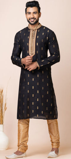 Party Wear Black and Grey color Kurta Pyjamas in Jacquard, Silk fabric with Weaving work : 1944929