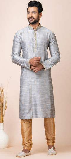 Party Wear Black and Grey color Kurta Pyjamas in Jacquard, Silk fabric with Weaving work : 1944931