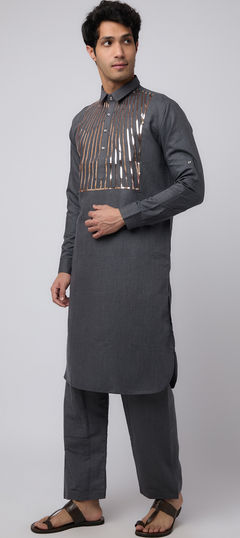 Black and Grey color Pathani Suit in Cotton fabric with Fancy Work work