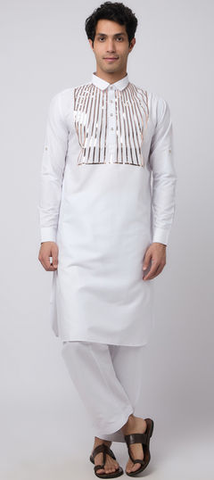 White and Off White color Pathani Suit in Cotton fabric with Fancy Work work