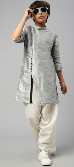 Party Wear Black and Grey color Boys Dhoti Kurta in Dupion Silk fabric with Thread work : 1944983