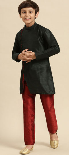 Black and Grey color Boys Kurta Pyjama in Dupion Silk fabric with Thread work