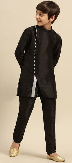 Black and Grey color Boys Kurta Pyjama in Dupion Silk fabric with Thread work