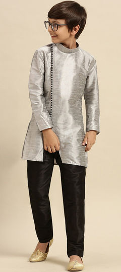 Black and Grey color Boys Kurta Pyjama in Dupion Silk fabric with Thread work