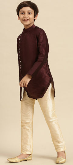 Beige and Brown color Boys Kurta Pyjama in Dupion Silk fabric with Thread work