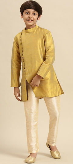 Gold color Boys Kurta Pyjama in Dupion Silk fabric with Thread work