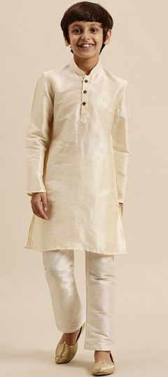 White and Off White color Boys Kurta Pyjama in Dupion Silk fabric with Thread work