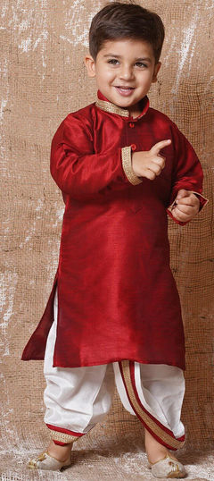 Red and Maroon color Boys Dhoti Kurta in Dupion Silk fabric with Thread work