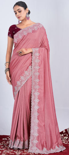 Pink and Majenta color Saree in Art Silk fabric with Embroidered, Thread work