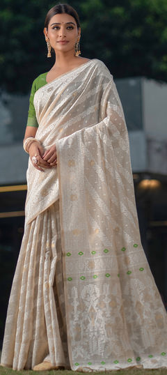 Beige and Brown color Saree in Cotton fabric with Printed work