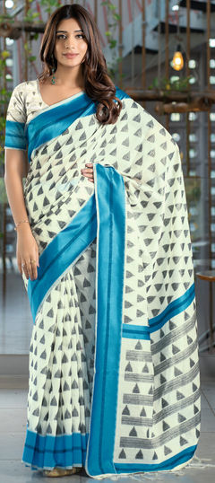 Blue color Saree in Cotton fabric with Printed work