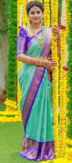 Party Wear, Traditional Green color Saree in Art Silk fabric with South Weaving work : 1945056