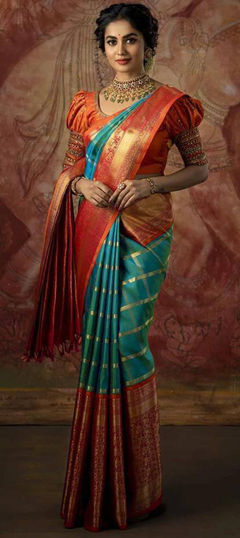 Green, Red and Maroon color Saree in Art Silk fabric with Weaving work