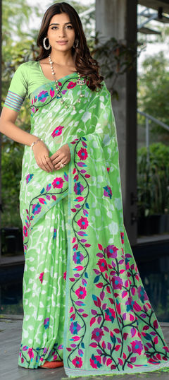 Green color Saree in Cotton fabric with Weaving work