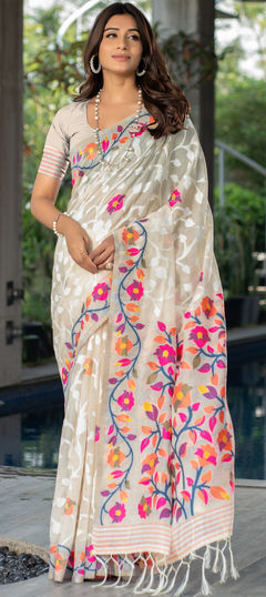 White and Off White color Saree in Cotton fabric with Weaving work