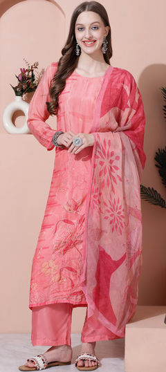 Pink and Majenta color Salwar Kameez in Muslin fabric with Digital Print, Floral, Sequence, Zari work