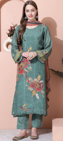 Green color Salwar Kameez in Muslin fabric with Digital Print, Floral, Sequence, Zari work