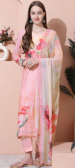 Pink and Majenta color Salwar Kameez in Muslin fabric with Digital Print, Floral, Sequence, Zari work