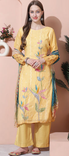 Yellow color Salwar Kameez in Muslin fabric with Digital Print, Floral, Sequence, Zari work