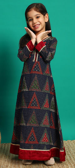 Festive, Party Wear Blue color Girls Dress in Cotton fabric with Lace, Printed, Thread work : 1945139