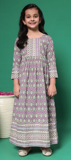 Festive, Party Wear Purple and Violet color Girls Dress in Cotton fabric with Gota Patti, Printed work : 1945141