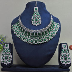 Gold Rodium Polish Green color Necklace in Metal Alloy studded with CZ Diamond