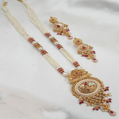 Red and Maroon color Pendant in Copper studded with CZ Diamond, Pearl & Gold Rodium Polish : 1945256