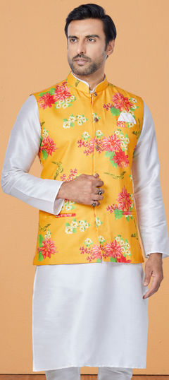 Yellow color Nehru Jacket in Cotton fabric with Digital Print, Floral work