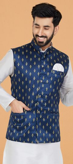 Party Wear Blue color Nehru Jacket in Banarasi Silk fabric with Printed work : 1945269