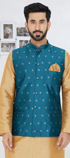 Party Wear Blue color Nehru Jacket in Banarasi Silk fabric with Printed work : 1945270