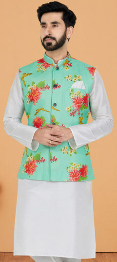 Green color Nehru Jacket in Cotton fabric with Digital Print, Floral work