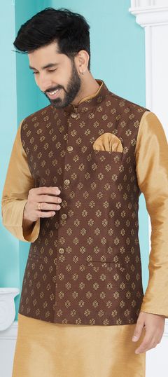 Party Wear Beige and Brown color Nehru Jacket in Banarasi Silk fabric with Printed work : 1945273