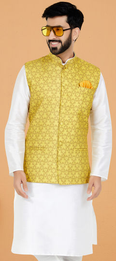 Yellow color Nehru Jacket in Cotton fabric with Digital Print work