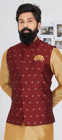 Party Wear Red and Maroon color Nehru Jacket in Banarasi Silk fabric with Printed work : 1945278