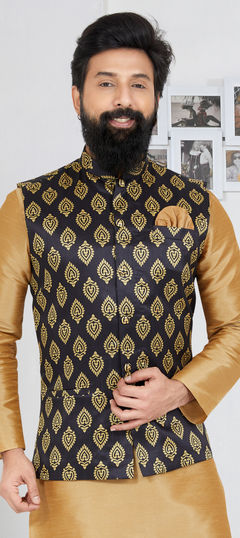 Black and Grey color Nehru Jacket in Banarasi Silk fabric with Printed work
