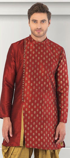 Red and Maroon color Kurta in Dupion Silk fabric with Printed work
