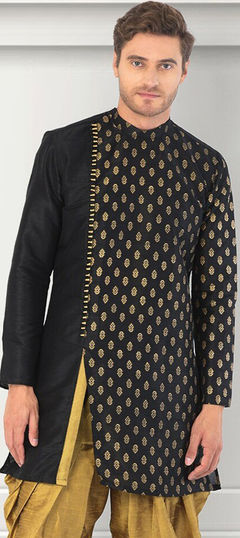 Black and Grey color Kurta in Dupion Silk fabric with Printed work