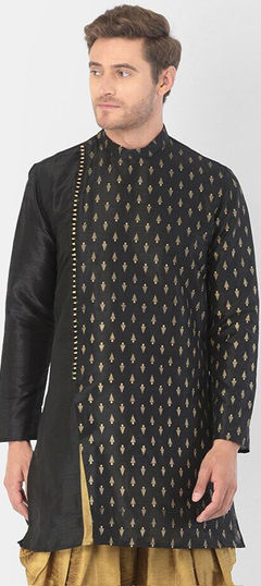 Black and Grey color Kurta in Dupion Silk fabric with Printed work
