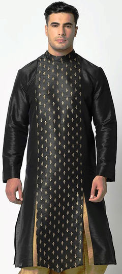 Black and Grey color Kurta in Dupion Silk fabric with Printed work