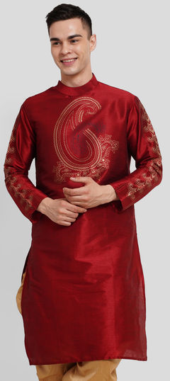 Red and Maroon color Kurta in Dupion Silk fabric with Printed work