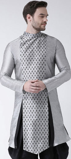 Black and Grey color Kurta in Dupion Silk fabric with Printed work