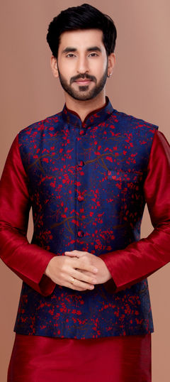 Blue color Nehru Jacket in Jacquard fabric with Printed work