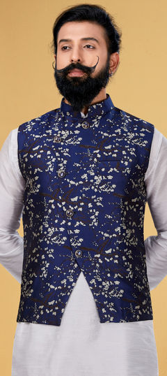 Blue color Nehru Jacket in Jacquard fabric with Printed work