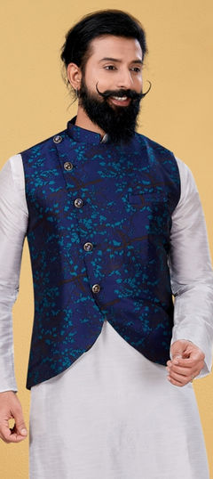 Blue color Nehru Jacket in Jacquard fabric with Printed work