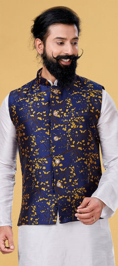 Blue color Nehru Jacket in Jacquard fabric with Printed work